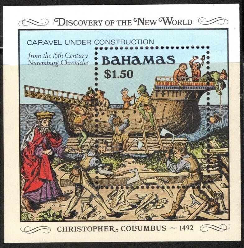 Bahamas Stamp Scott #667, Caravel Under Construction Souvenir Sheet MNH SCV$6.00