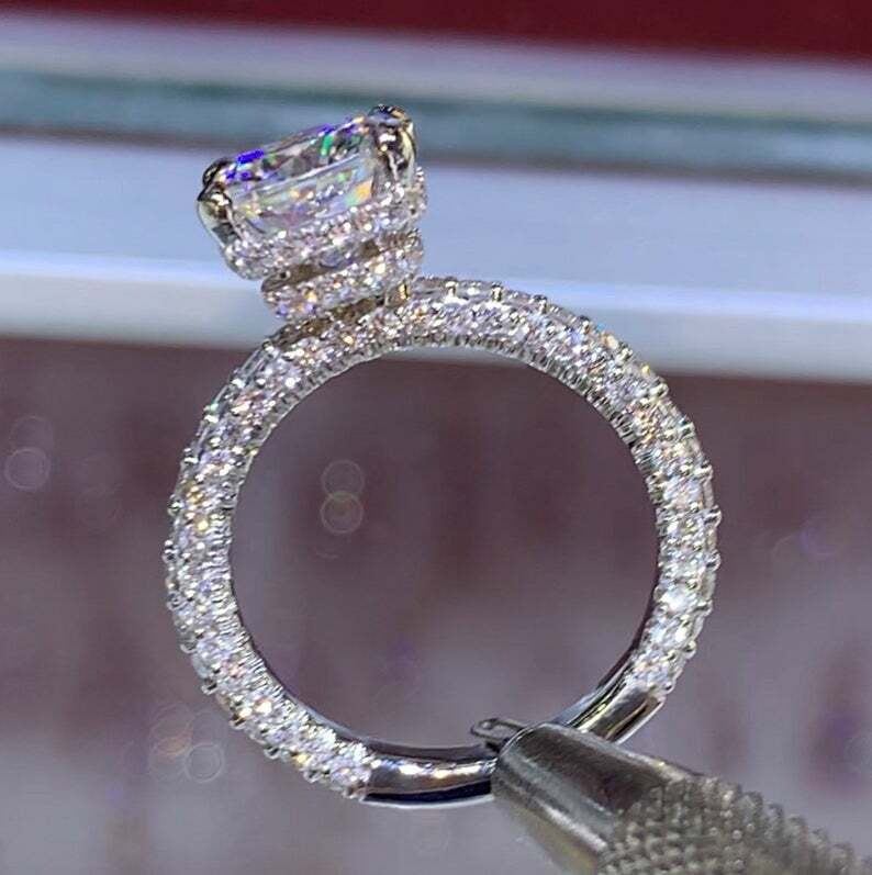 Lab Created diamond setting double under halo 3D custom design 8mm cushion Ring
