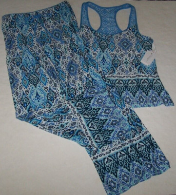 NWT In Bloom by Jonquil NAVY/AQUA/BLUE/WHITE IKAT Knit Pajama Set M LACY Trim