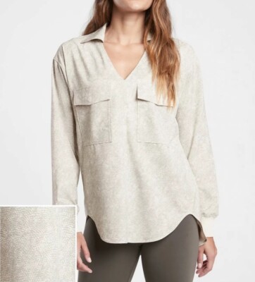Athleta Zuma Printed Blouse Shirt Viper Gray Work Career  Popover Medium