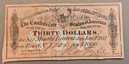 1864 Confederate States of America $30 Coupon Civil War $1000 Bond #7004  (A24)