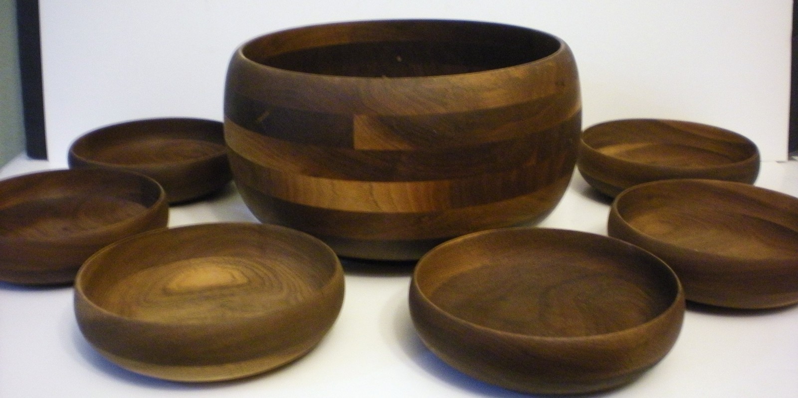 Wood Salad Bowl Set 7 Pc Vintage Warm Patina MCM Walnut?