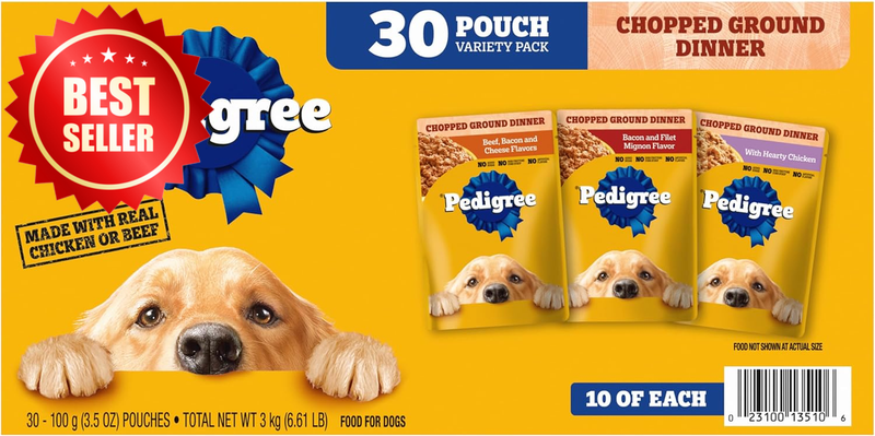 30 CT 3.5 Oz Wet Dog Food Pouches Chopped Ground Dinner Adult Variety Pack US
