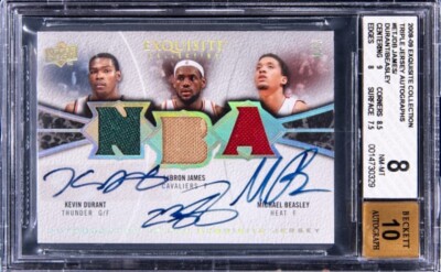 2008/09 EXQUISITE LEBRON JAMES KEVIN DURANT BEASLEY NBA JERSEY AUTO 1/3 BGS 8/10