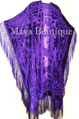 Pre-owned Maya Matazaro Purple Caftan Duster Fringe Jacket Kimono Opera Coat Burnout Velvet Maya Plus