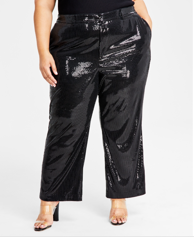 Nina Parker Trendy Plus Size Sequined Wide-Leg Pants Women's 20W Black Zipped - Picture 1 of 17