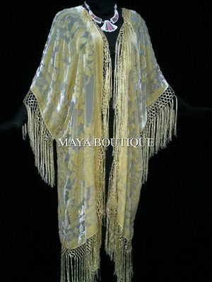 Pre-owned Maya Matazaro Kimono Fringe Jacket Opera Coat Silk Burnout Velvet Vanilla Maya Kimono Plus In White