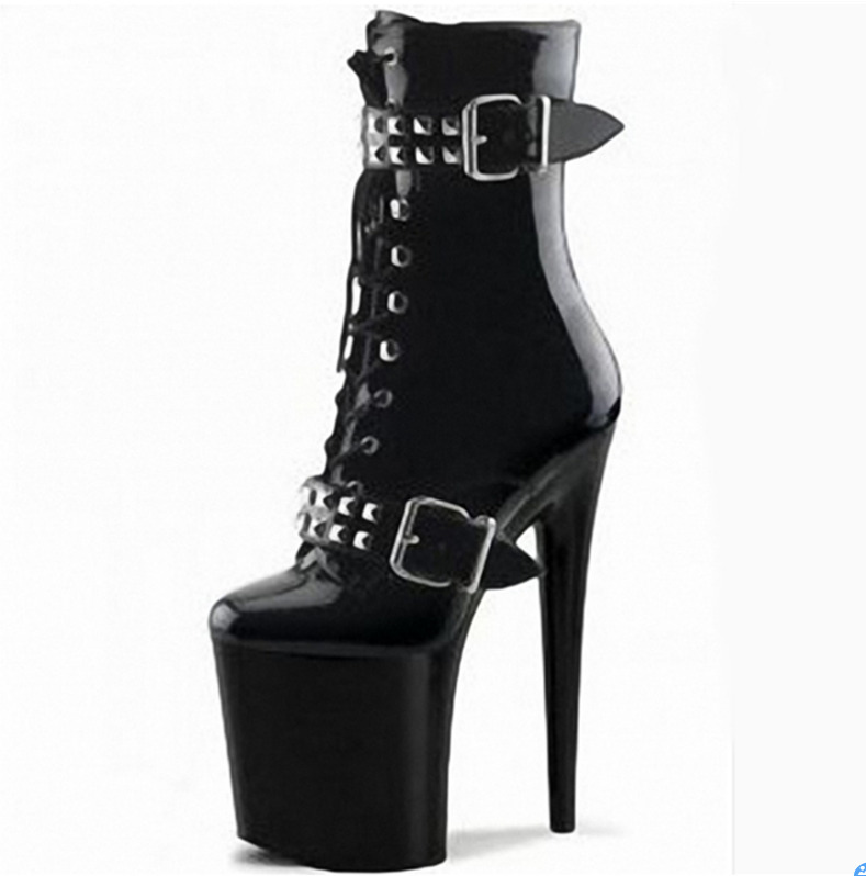 Us 12 Lady Buckle Strap 20cm High Heel Boots Patent Leather Nightclub Show Zha19