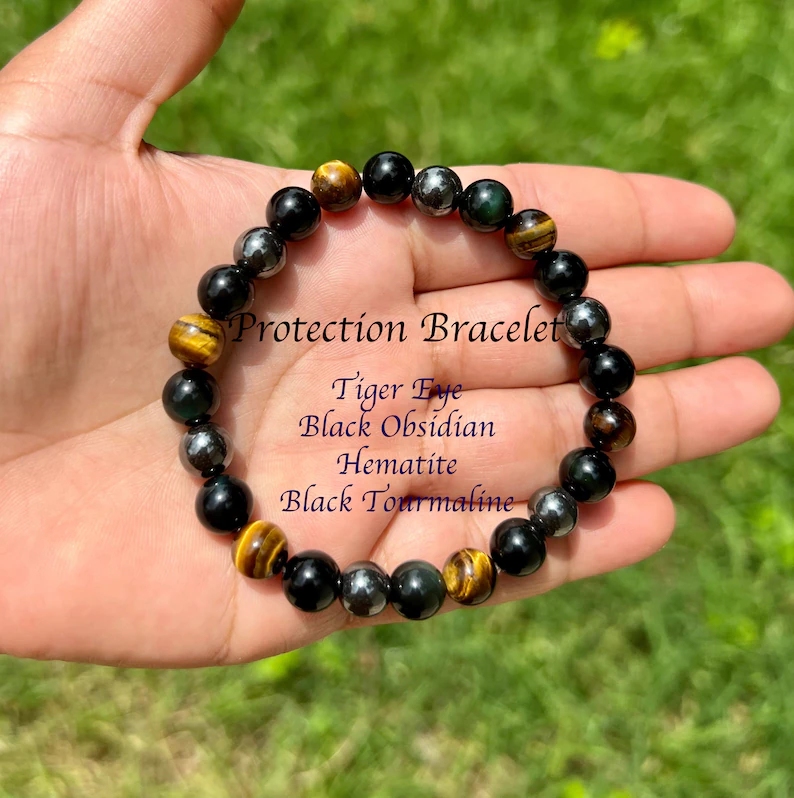 Obsidian Tiger Eye Hematite 10mm Beads Healing Triple Protection Men Bracelet