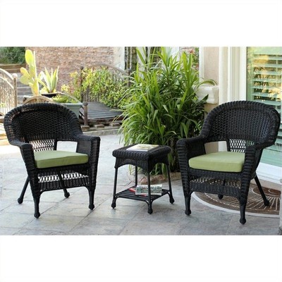Jeco 3 Piece Wicker Conversation Set in Black with Green Cushions
