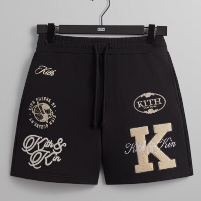 Kith Fleece Curtis Short in Black Mens Size XL Embroidered Logos All Cotton SS24