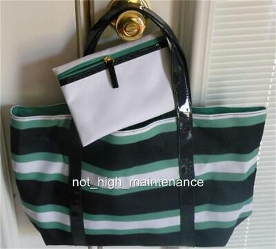 ESTEE LAUDER 2-PIECE BLUE GREEN AND WHITE STRIPED TOTE BAG C
