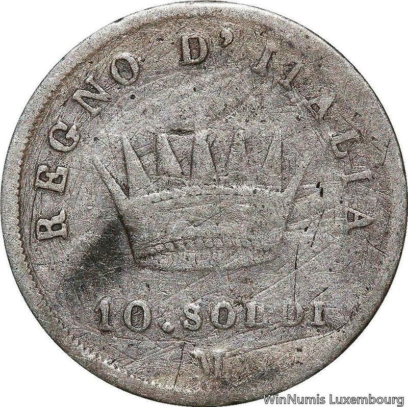 P7318 Italy Napoleonic Kingdom 10 Soldi Napoleon I 1811 M Milano Silver