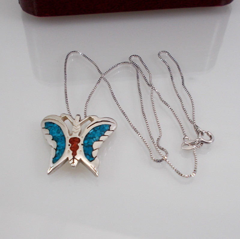 Sterling Silver Crushed Turquoise & Coral Inlaid Butterfly Pendant 17.5