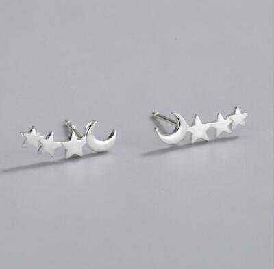 Lovely Adorable Tiny Moon Stars Silver SP Earrings Stud