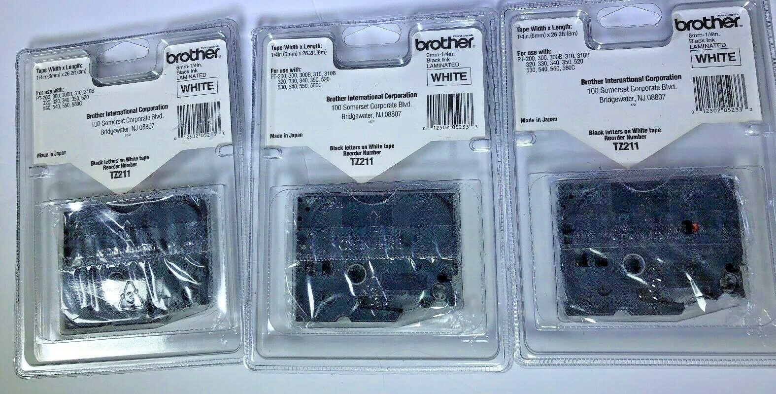 3x Black on White Label Tape TZ-211 6mm 1/4