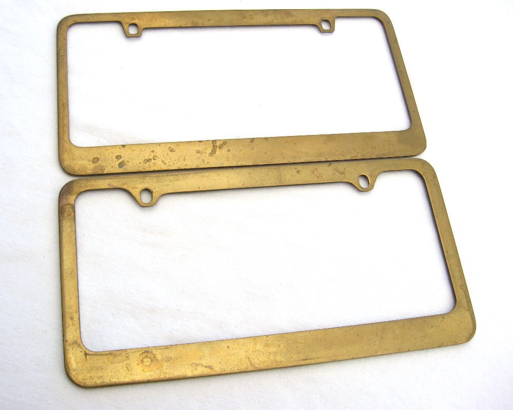 (2) Old Chevrolet GMC Ford Dodge Truck Vintage Aged Brass License Plate Frames