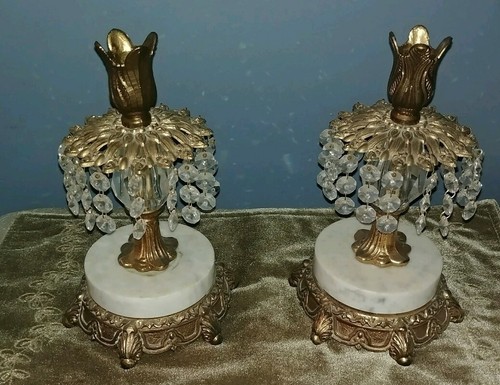 Vintage Brass Tone Candle Holders on Marble Base With Crystal Prisms Nice Patina