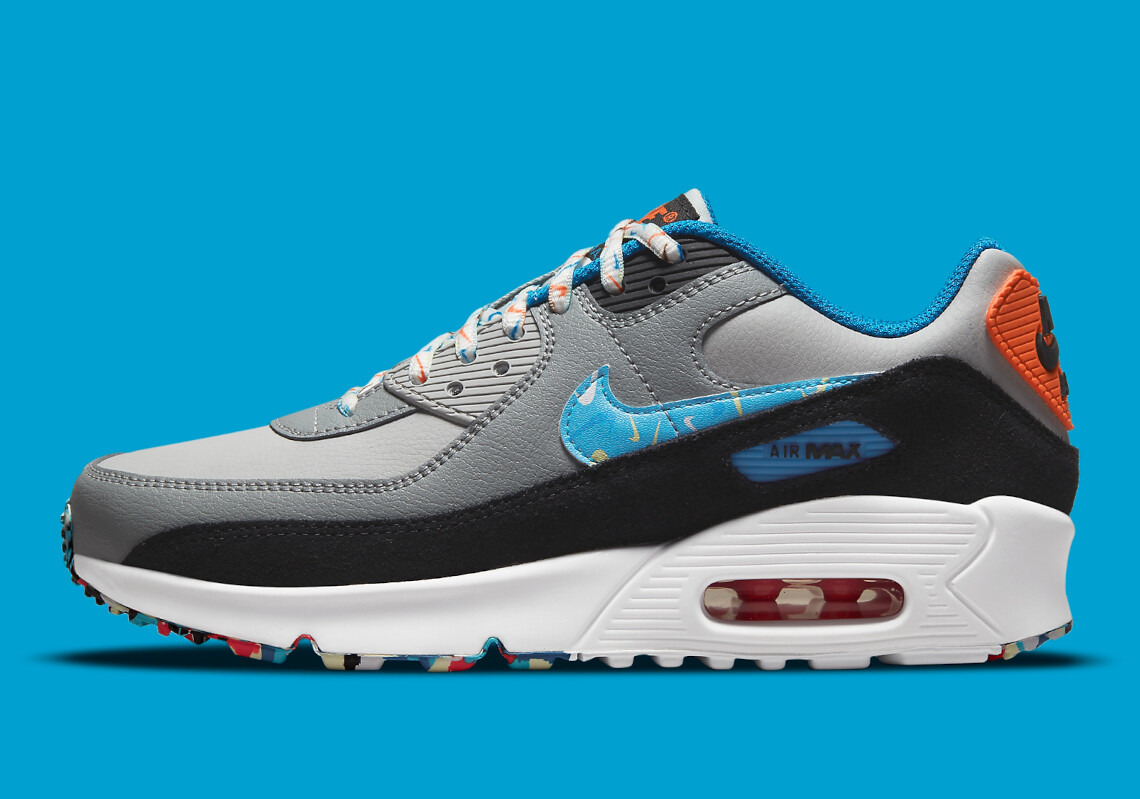 

Женские кроссовки Nike Air Max 90 Swooshfetti Confetti Grey Fog Blue DM7594-001 6 лет = 7,5, Серый, Nike Air Max 90