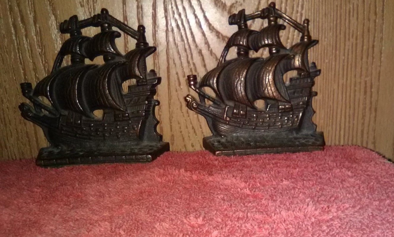 Copper Washed Cast Iron Book Ends.  Sailing Ship with Three Masts.  20.