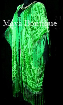 Pre-owned Maya Matazaro Apple Green Kimono Duster Fringe Jacket Silk Burnout Velvet  Plus