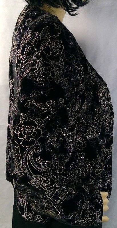 Joanna womens jacket size S evening holiday black velvet silver sparkly paisley
