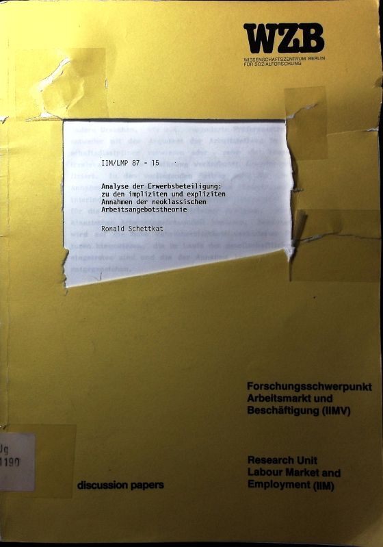 Analyse Der Erwerbsbeteiligung. Zu D. Impliziten U. Expliziten Annahmen D. Neokl