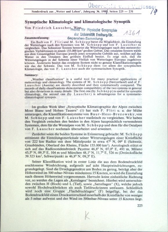 Synoptische Klimatologie Und Klimatologische Synoptik; Lauscher, Friedrich: