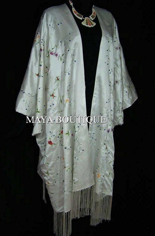 Pre-owned Maya Matazaro White Embroidered Silk Kimono Caftan Duster Coat Plus Size