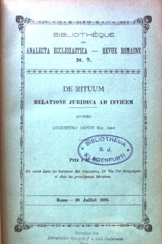De Rituum Relatione Juridica Ad Invicem; Bibliotheque Des Analecta Ecclesiastica