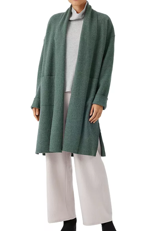 Pre-owned Eileen Fisher Lightweight Boiled Wool Long Cardigan Coat Cypress Light Green M
