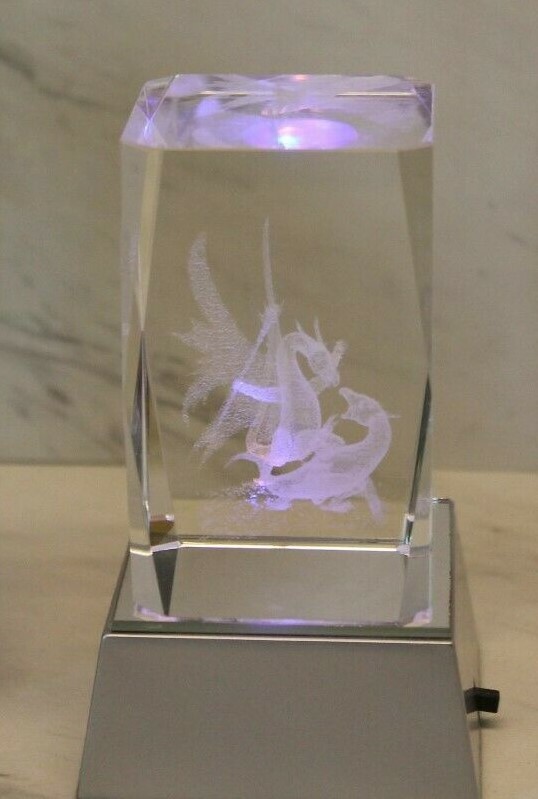 Dragon and Baby in Blue Lucite + Light changing Dragon Hologram in cube