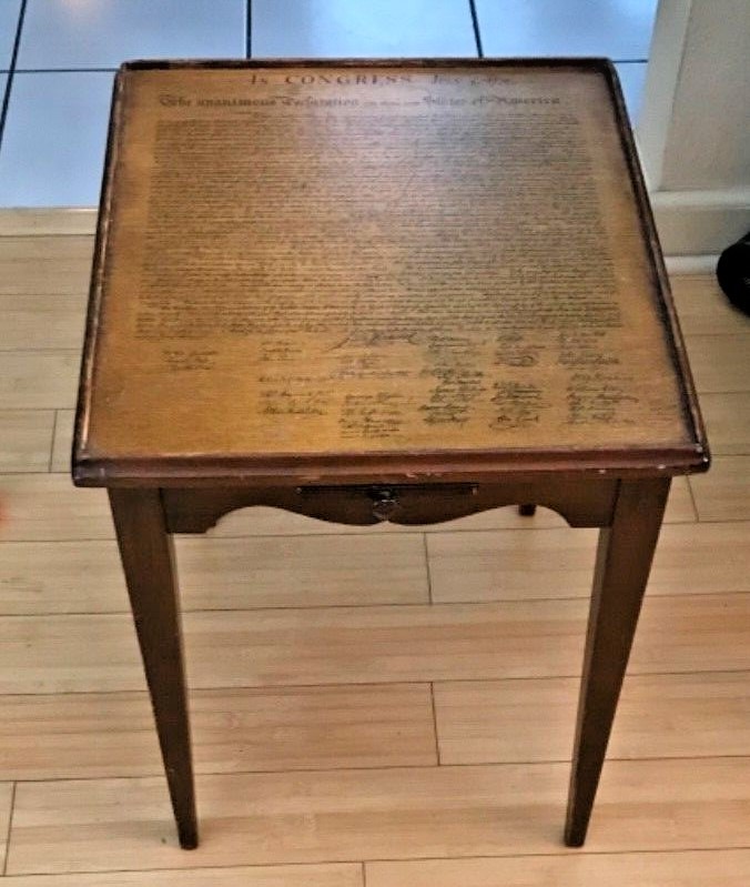 Antique Wooden Declaration of Independence side Table with pull out Shelf