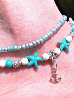 Starfish Sea Anchor Beaded Ankle Bracelet Women   Gift Bag Adorable