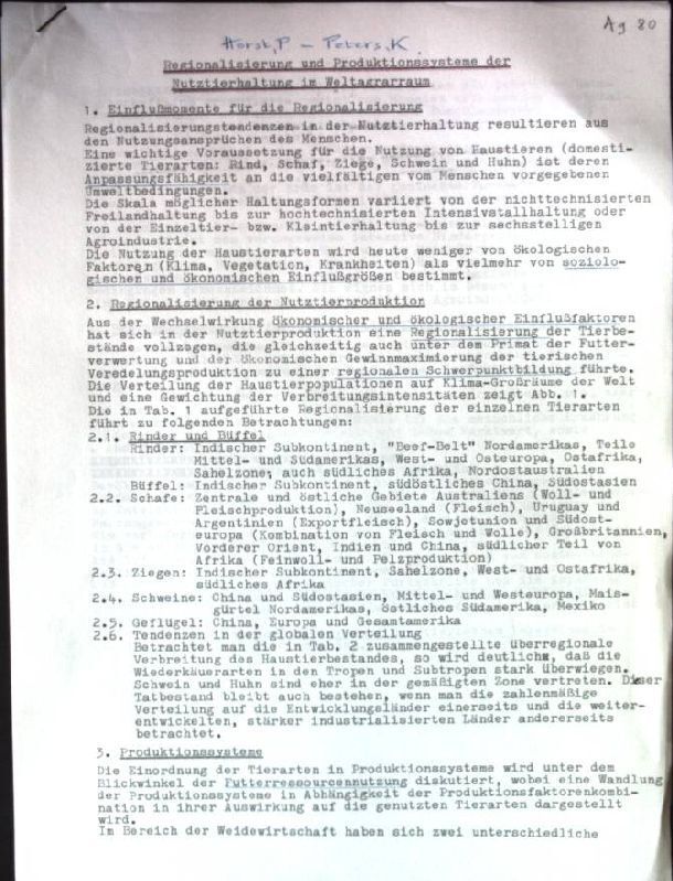 Regionalisierung Und Produktionssysteme Der Nutztierhaltung Im Weltagrarraum. Ho