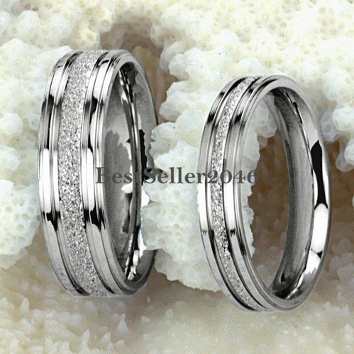 Men Women Stainless Steel Frosted Centered Wedding Band Couple Engagement Ring