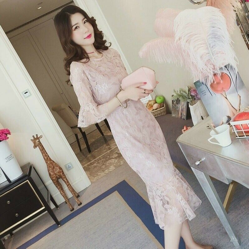 Damen Sexy Blumen Spitze Meerjungfrau-Linie Kleid Aushöhlung Midi Freizeit