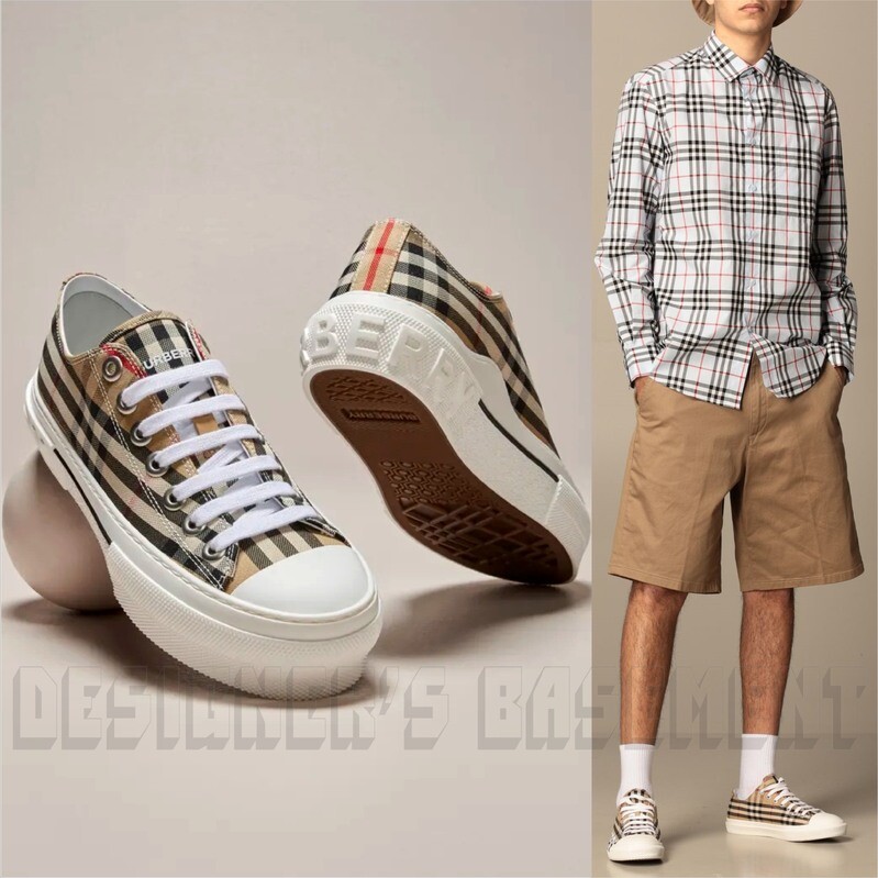 Pre-owned Burberry Archive Beige Check Canvas 44eu/10uk Rubber Logo Jack Sneakers $650 In Brown