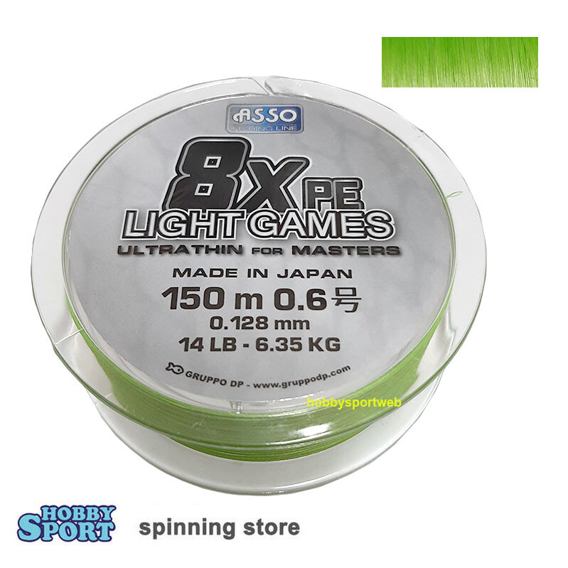 FILO ASSO TRECCIATO LIGHT GAMES 8X PE 0.6 DIAM 0,128 MM 150 MT TEST 14 LB  GREEN