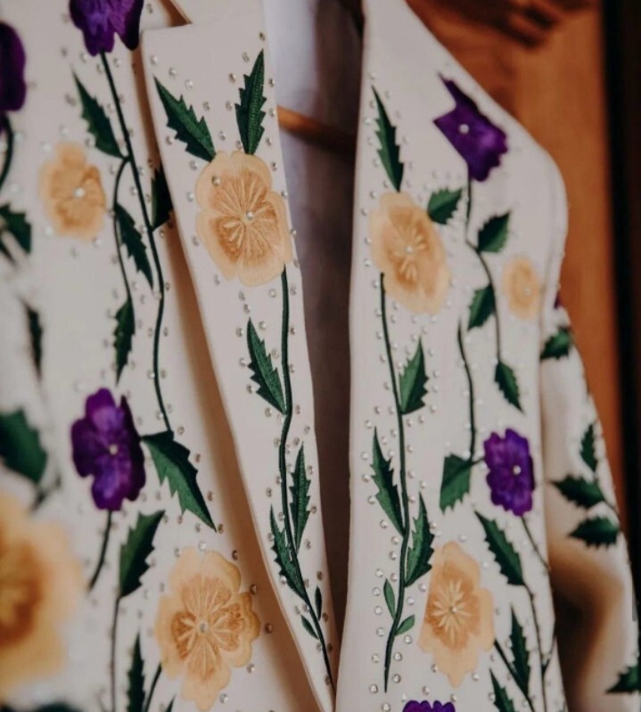 Pre-owned Art Men Custom 2 Piece Western Suit Notch Lapel Floral Embroidered Western Wedding In White