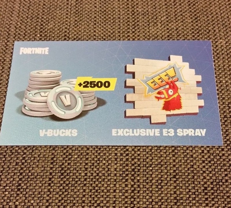 e3 2018 fortnite pro am exclusive e3 spray 2500 v bucks card rare - fortnite v bucks card