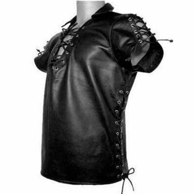 Men's Real Black Sheep Lamb Leather Side Laced Half Sleeves Shirt BLUF Tshirt