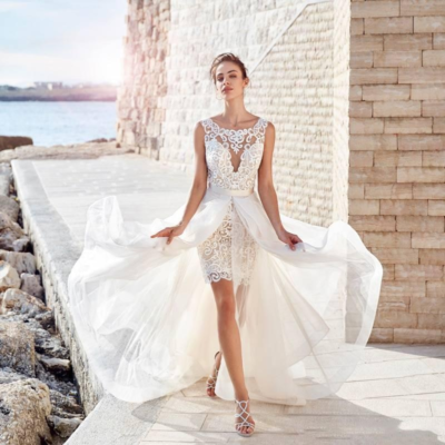 Wedding Dress Boho 2 IN 1 Front Short and Long Back Sleeves