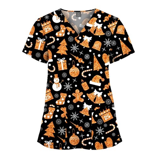 NiaaHinn Festival-Print Women Men Scrub Top Medical Nurse V-Neck Halloween Xmas