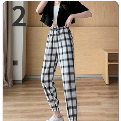 Lady Check Ankle Harem Pants Trouser Elastic Waist Drawstring Baggy Casual Retro