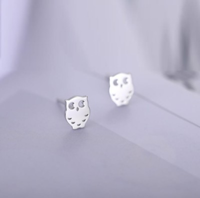 Silver Bird Lovely Adorable Tiny Owl White Gold Earring Stud
