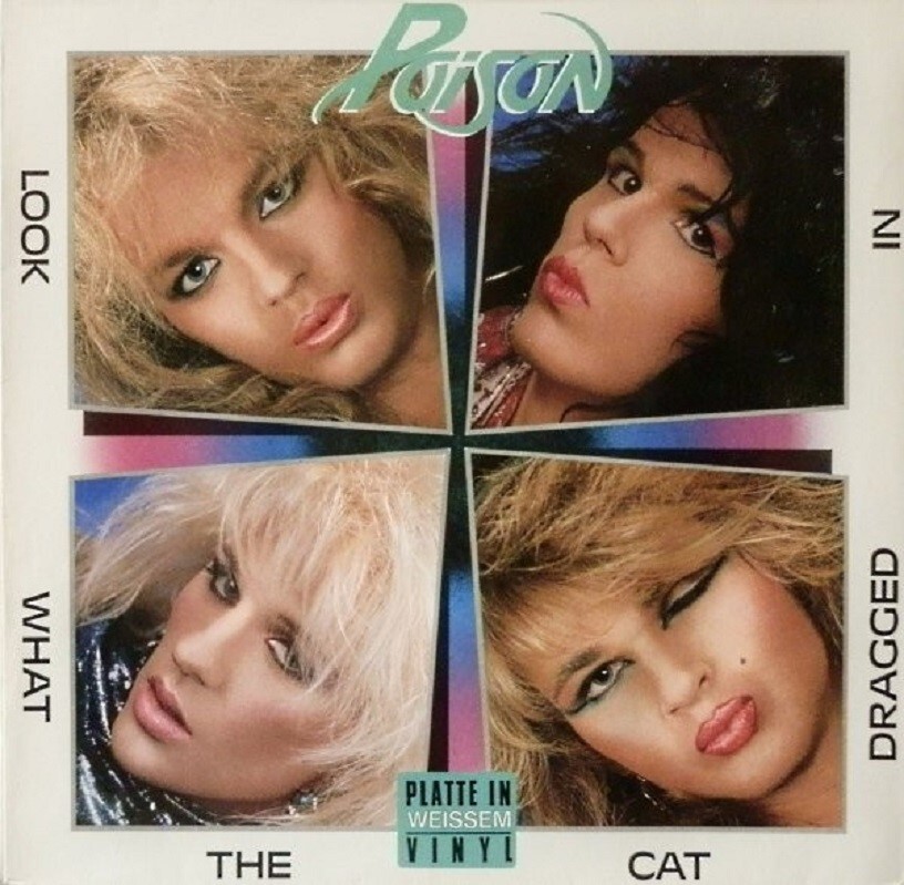 超レア1986 Poisonポスター付見本品LPレコードと当時ものTシャツセット Poison Look What The Cat Dragged In 1986 original German WHITE