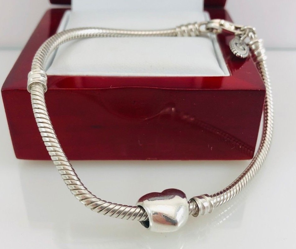 PANDORA Authentic 925 ALE Sterling Silver Bracelet w/ Puffed Heart Pandora Charm