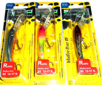 Spro Madeye Diver 85 Crankbaits (Lot of 3-Chrome Blue/Icy Barbie/Marble Brown)
