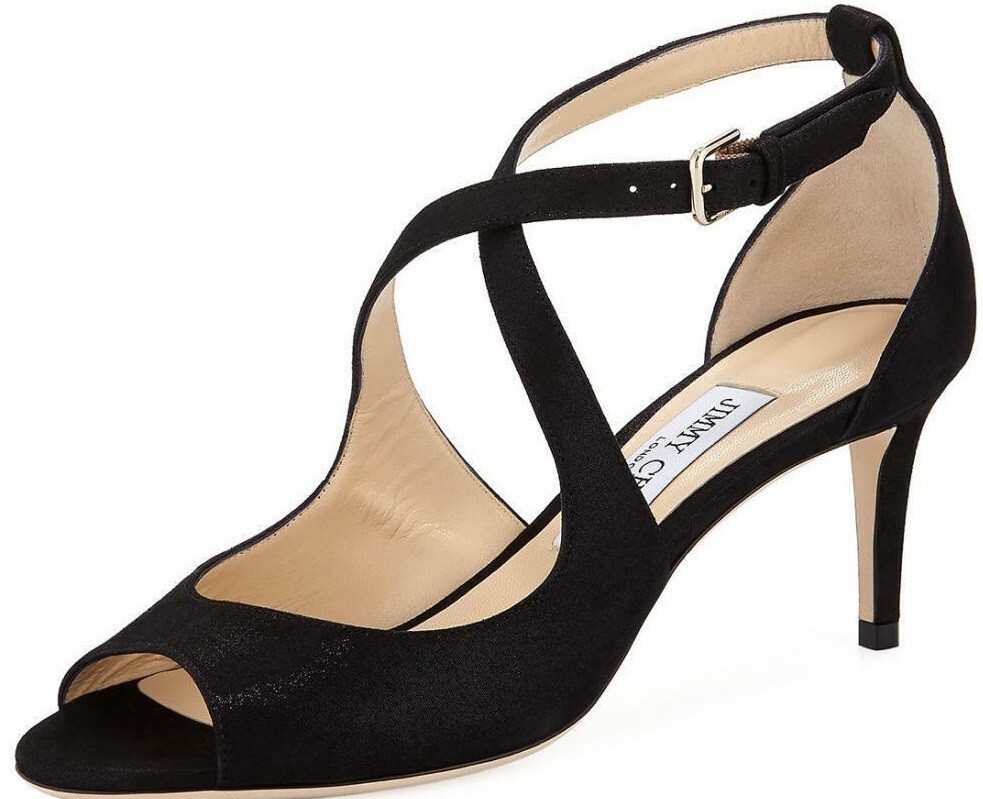 New JIMMY CHOO $695 Black Criss Cross Shimmer Suede Open Toe